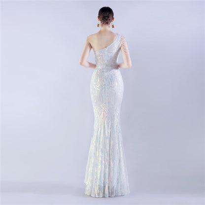 Fur Slant Neck One Shoulder Formal Dress