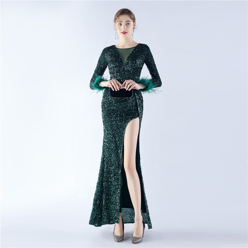 Ostrich Fur Long Sleeve Formal Dress