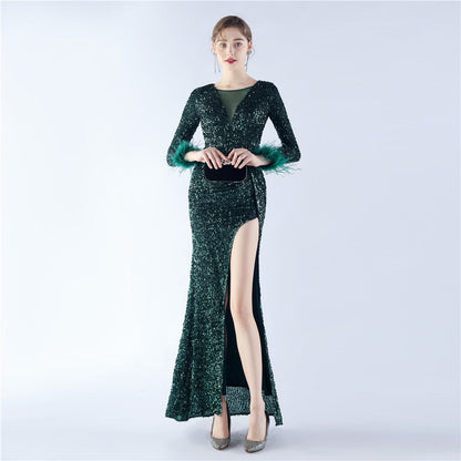Ostrich Fur Long Sleeve Formal Dress
