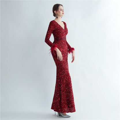 Split Long Sleeve Sequin Formal Dress