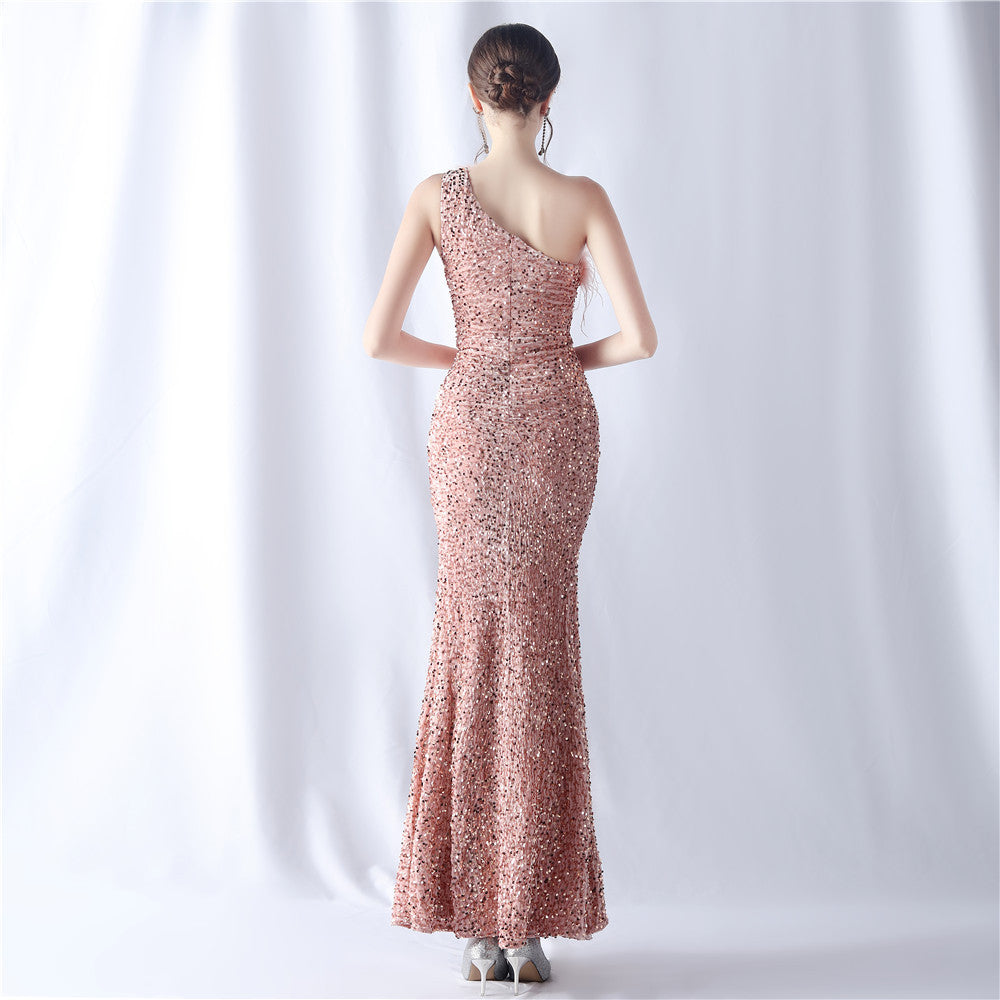 Ostrich Velvet Bottom One Shoulder Formal Dress