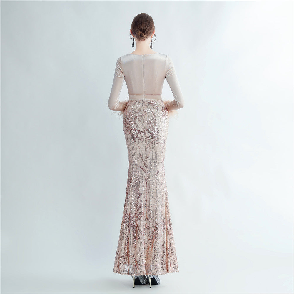 Ostrich Beaded Velvet Side Split Formal Dress