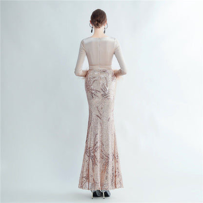 Ostrich Beaded Velvet Side Split Formal Dress