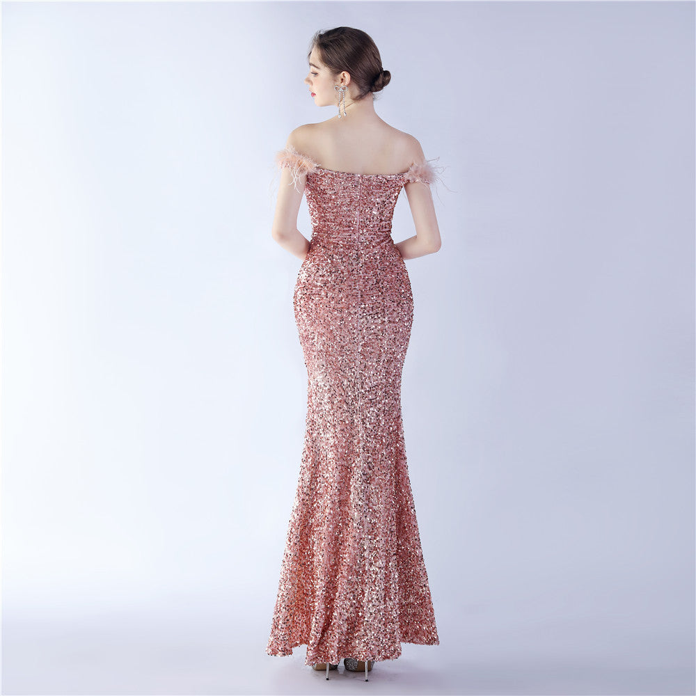 Fur One Shoulder Formal Dress