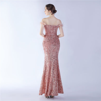 Fur One Shoulder Formal Dress