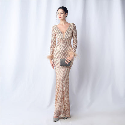 Ostrich Fur Long Sleeve Formal Dress