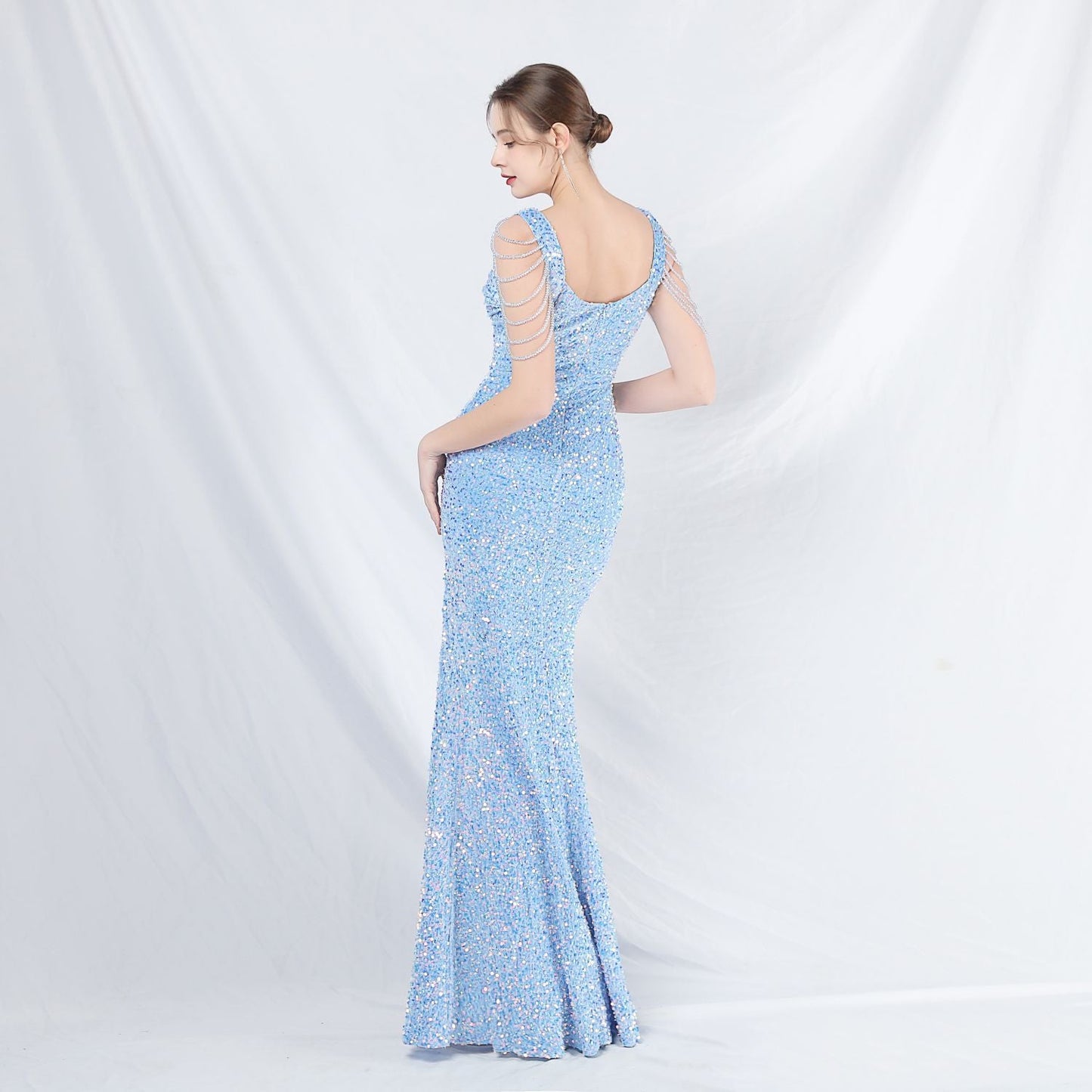 ベルベット裏地ビーズ付きフォーマルドレス