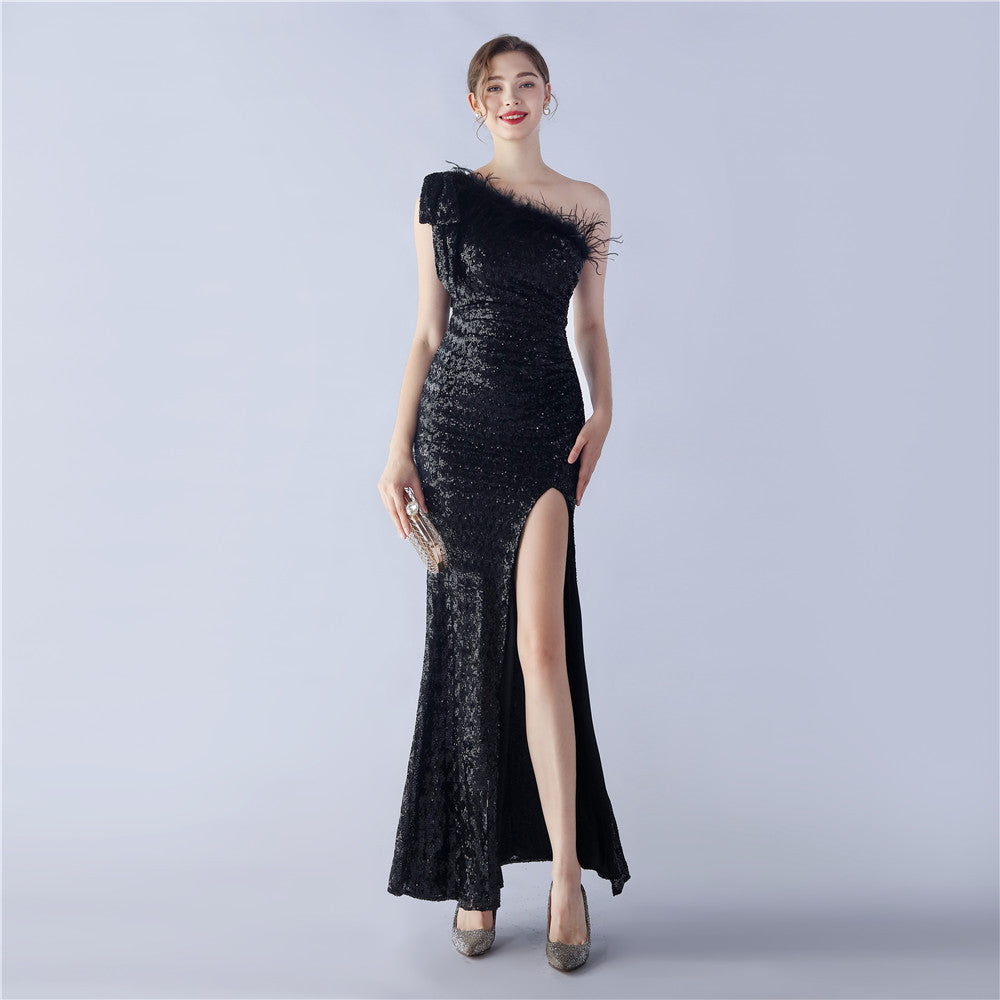 Fur Sequin One Shoulder Formal Dress