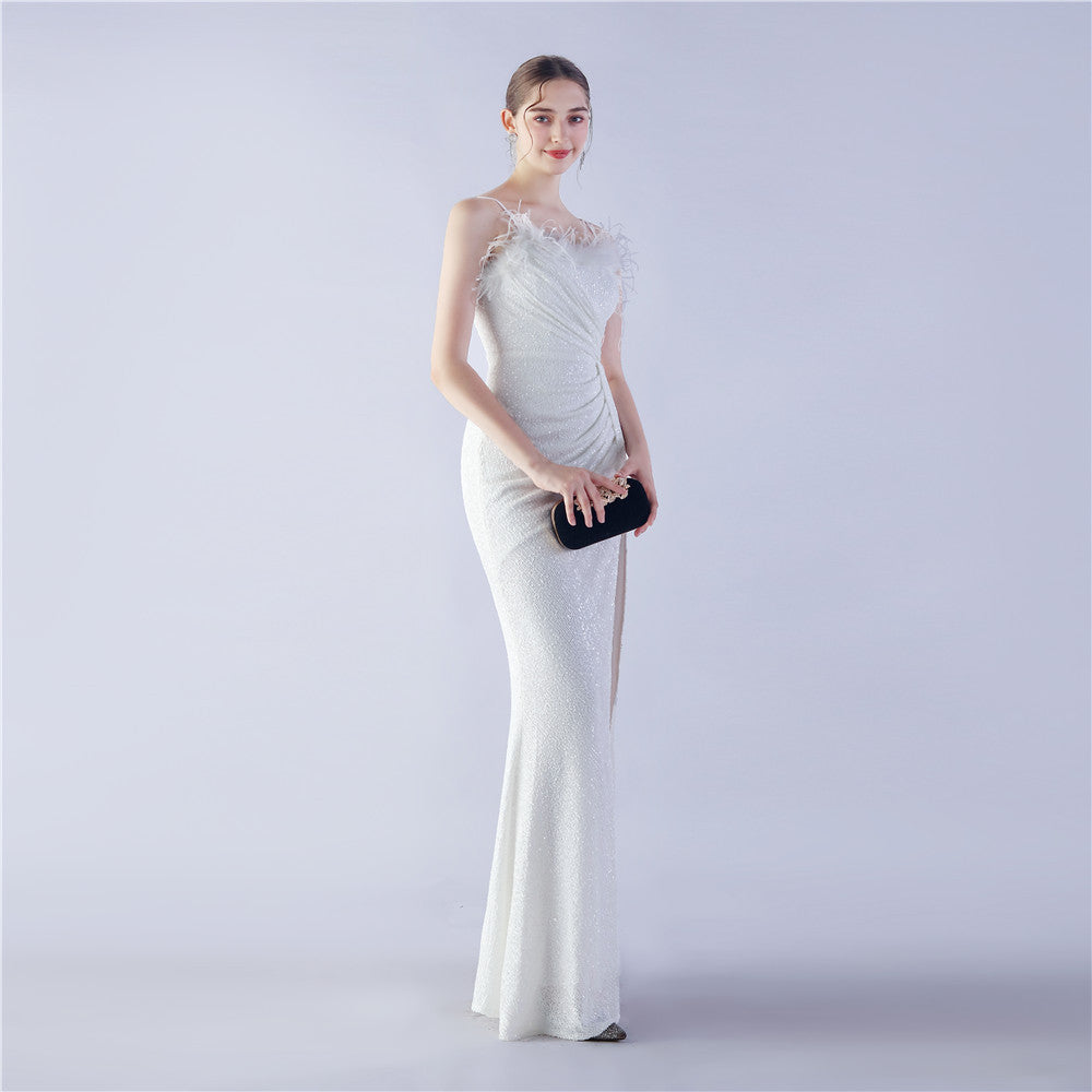 Ostrich Beaded Side Split Formal Dress