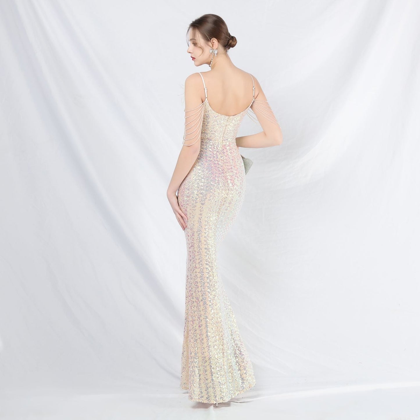 Ostrich Fur Illusion Beaded Formal Dress