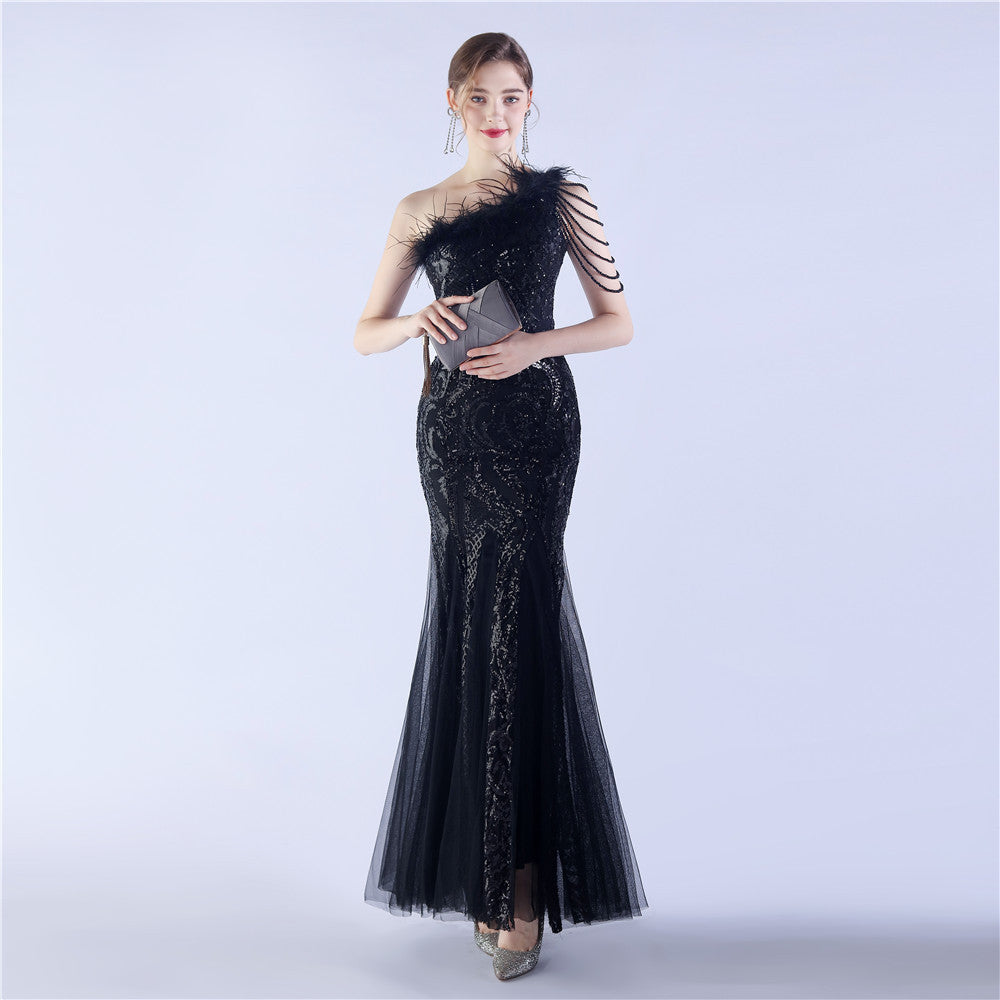 Beaded and Ostrich Fur Sequined Formal Dress