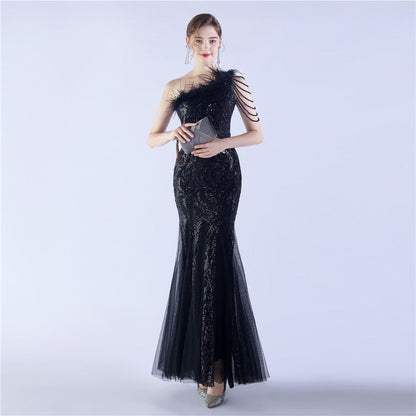 Beaded and Ostrich Fur Sequined Formal Dress
