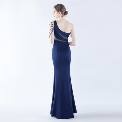 Fur Slant Neck One Shoulder Formal Dress