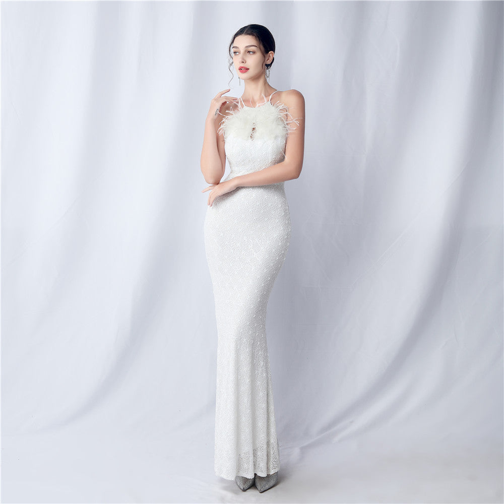 Camel hair and lattice beaded formal dresses
