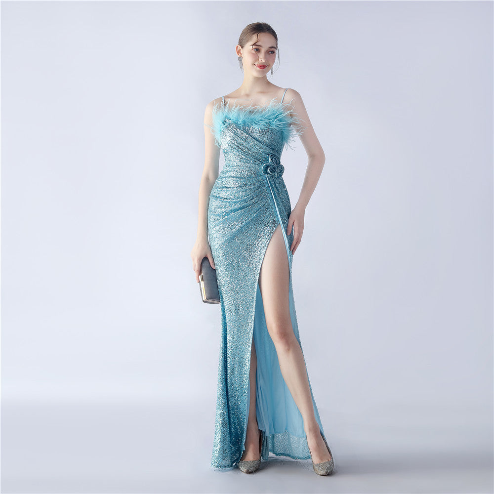 Fur Crafted Flower Formal Dress