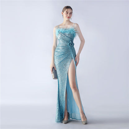 Fur Crafted Flower Formal Dress