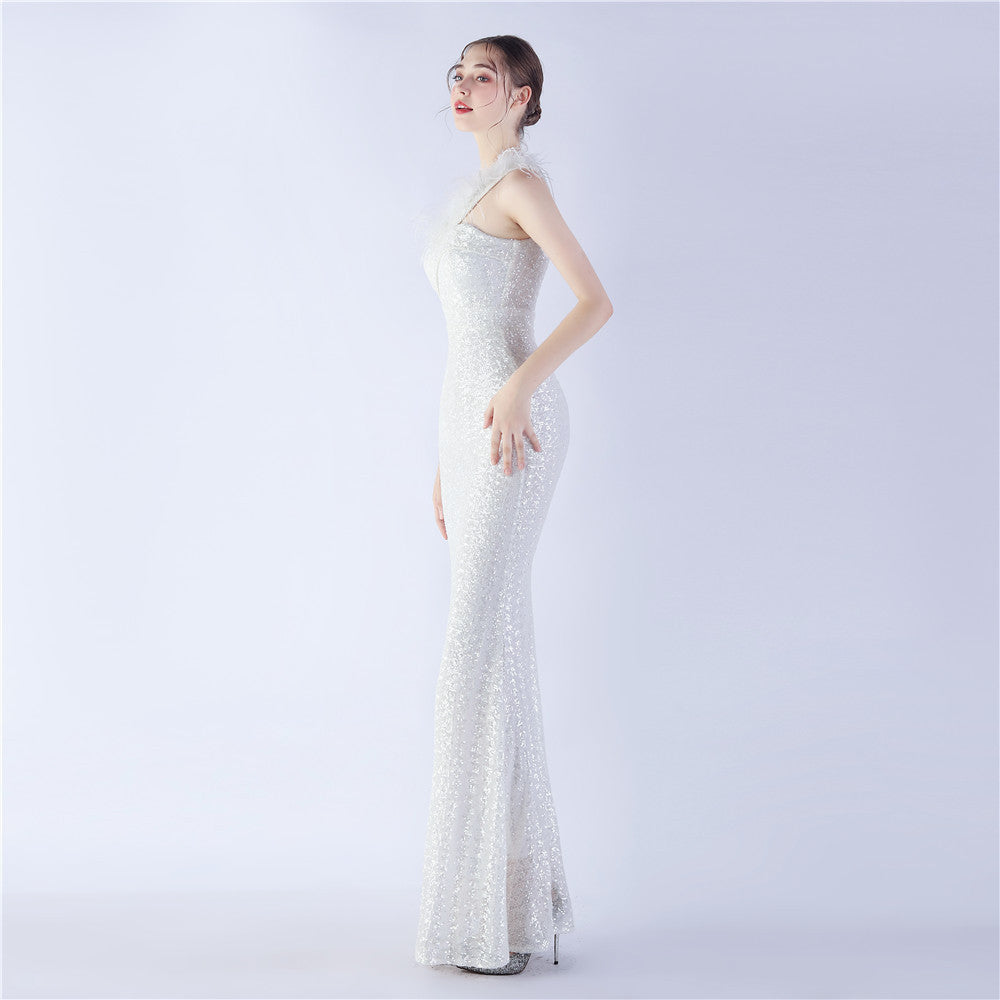 Ostrich Fur One-Shoulder Slant Neck Beaded Maxi Formal Dress