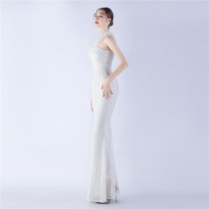 Ostrich Fur One-Shoulder Slant Neck Beaded Maxi Formal Dress