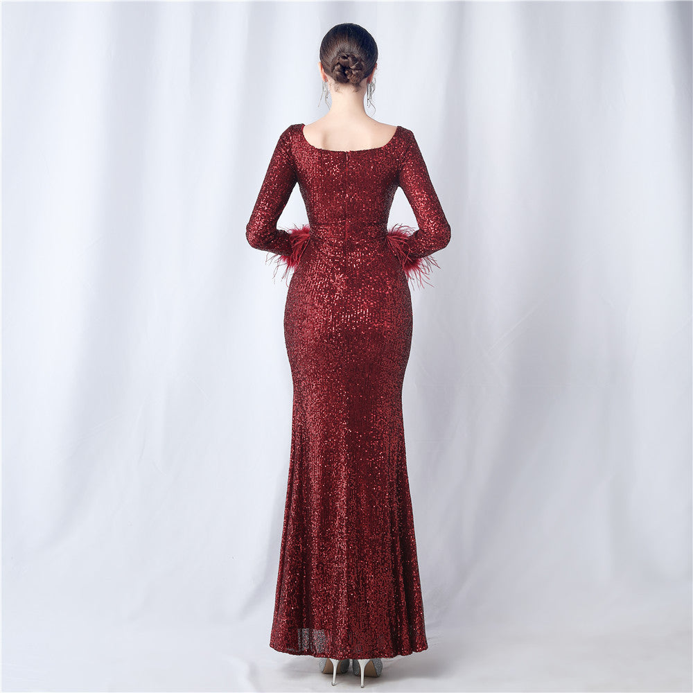Ostrich Fur Long Sleeve Formal Dress