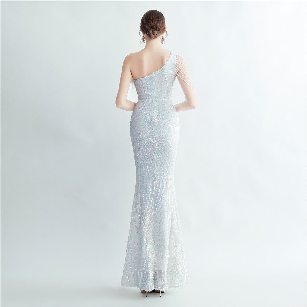 Fur Layered Beaded Formal Dress