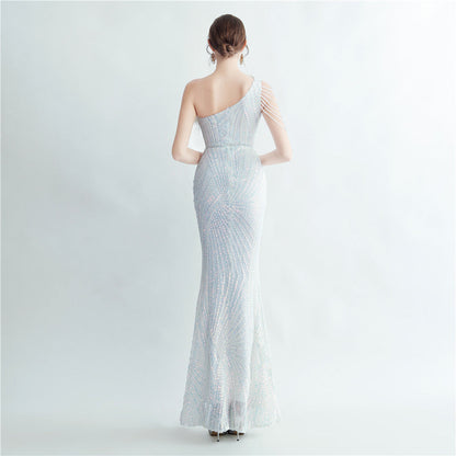 Fur Layered Beaded Formal Dress