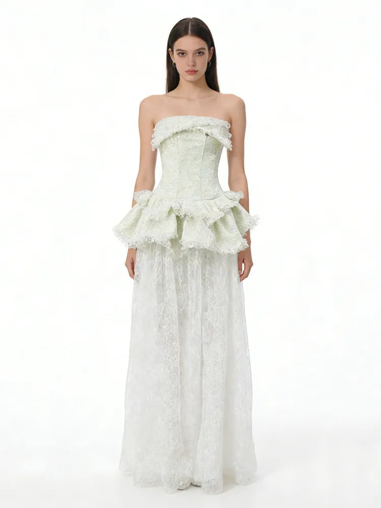 tiffany fitted lace-paneled Strapless maxi dress in green
