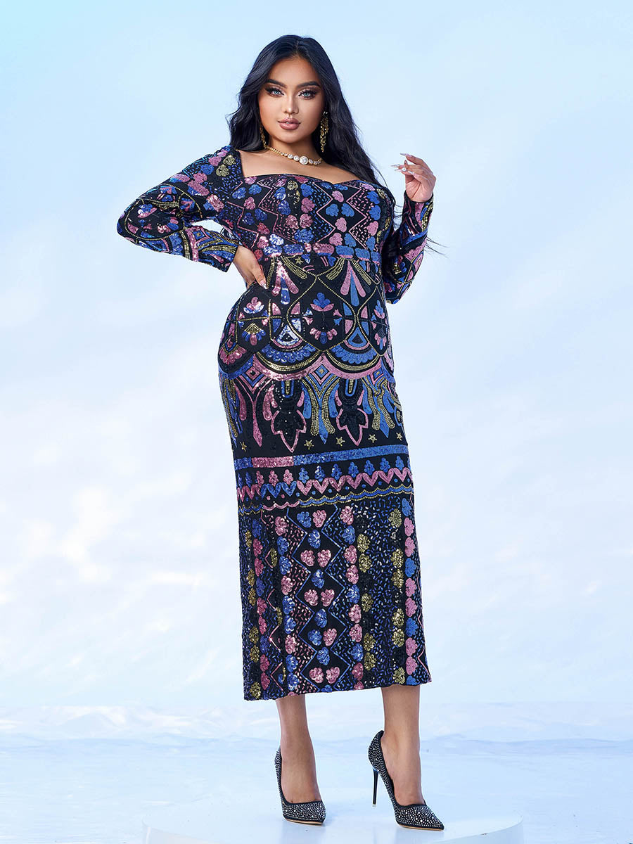 Square Neck Long Sleeve Split Sequin Dress