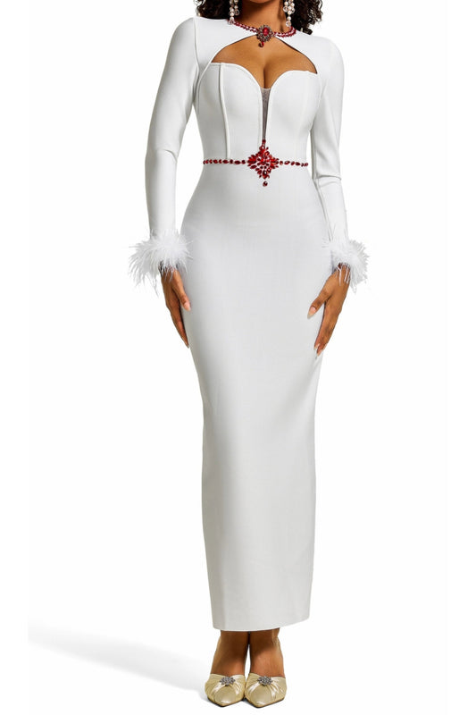 Rhinestone Cut-Out Feather Midi Dress in white