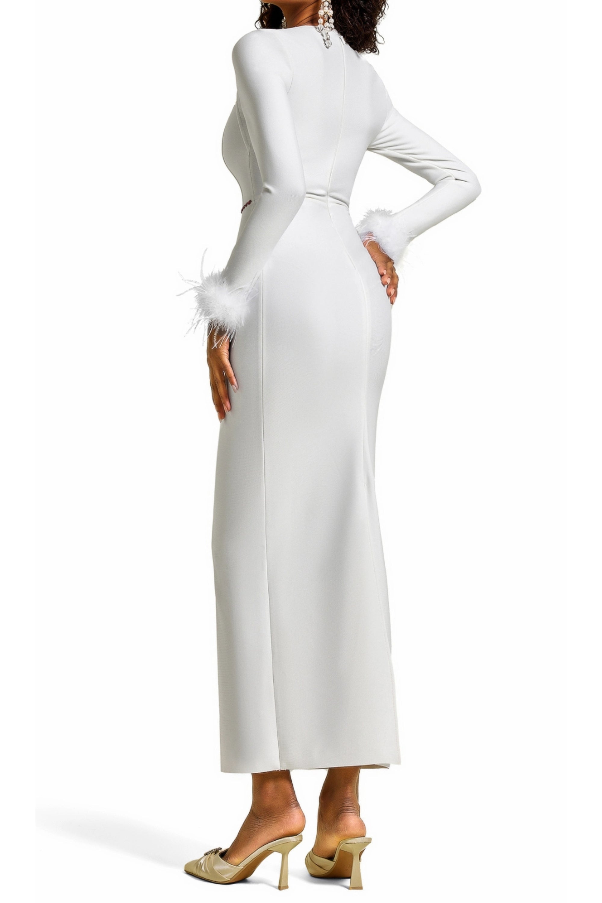Rhinestone Cut-Out Feather Midi Dress in white