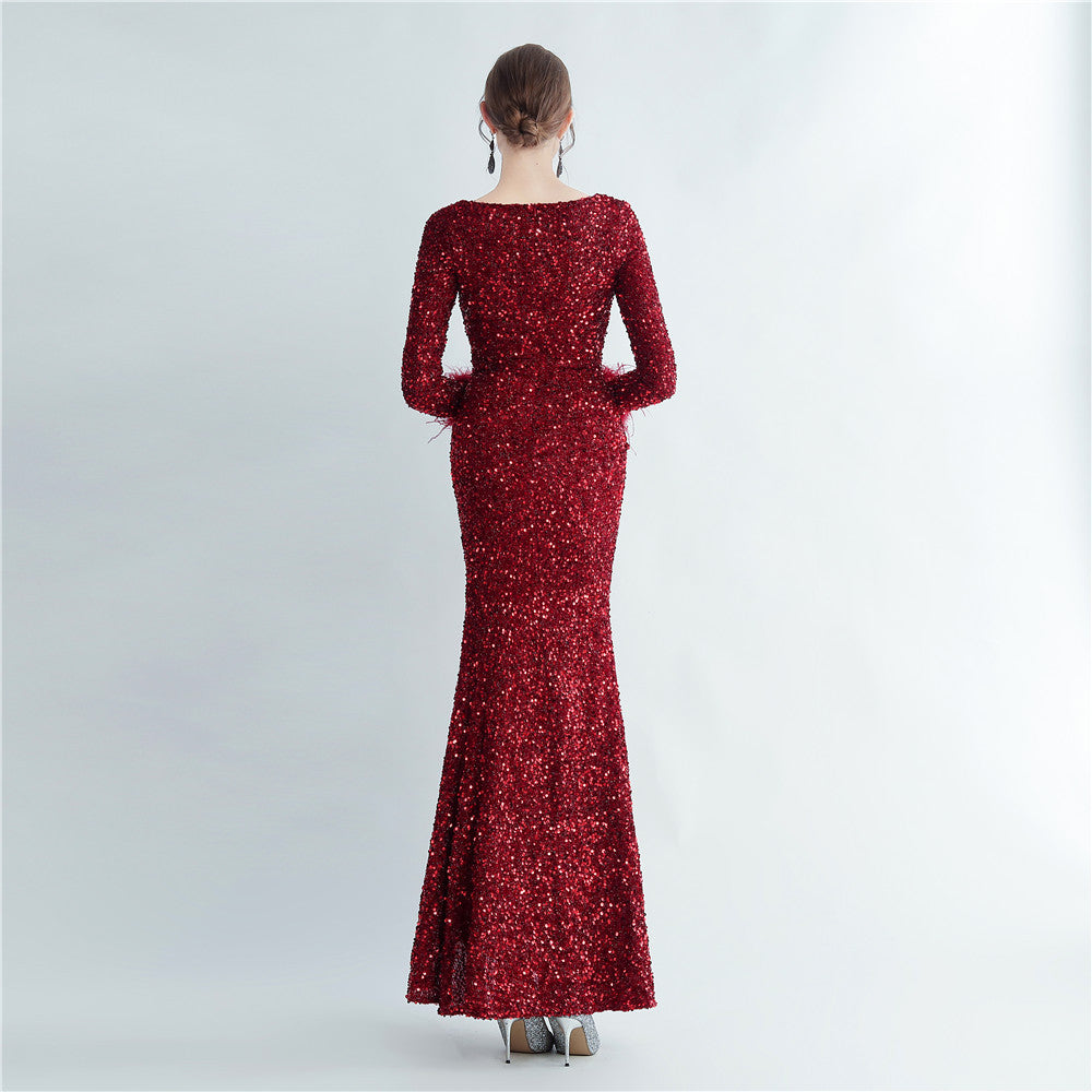 Split Long Sleeve Sequin Formal Dress