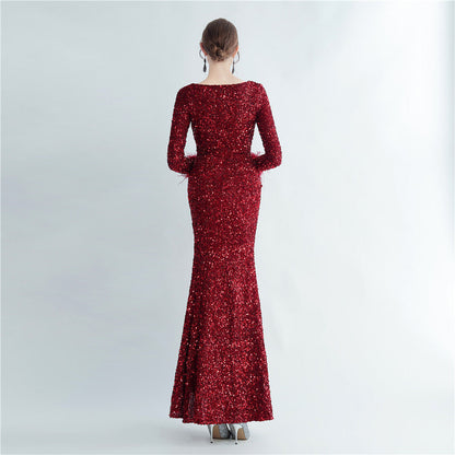 Split Long Sleeve Sequin Formal Dress