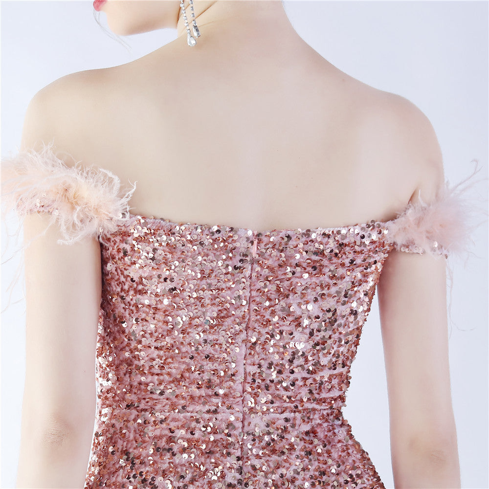 Fur One Shoulder Formal Dress