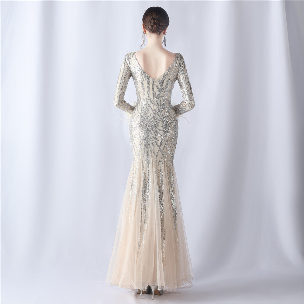 Ostrich Fur Mesh Beaded Formal Dresses