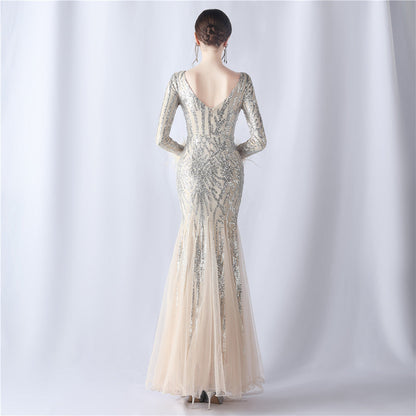 Ostrich Fur Mesh Beaded Formal Dresses