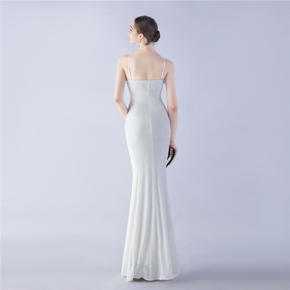 Ostrich Beaded Side Split Formal Dress