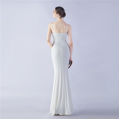 Ostrich Beaded Side Split Formal Dress