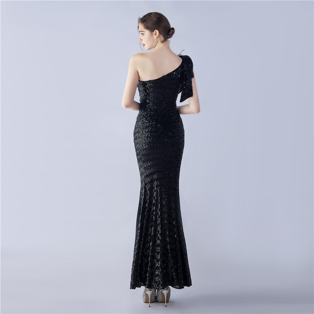 Fur Sequin One Shoulder Formal Dress