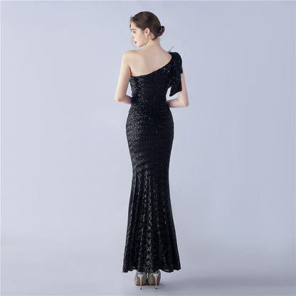 Fur Sequin One Shoulder Formal Dress