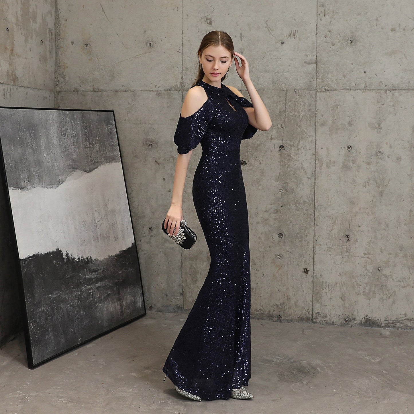 Short Sleeve Sequin Formal Dress