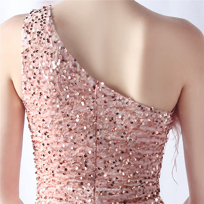 Ostrich Velvet Bottom One Shoulder Formal Dress