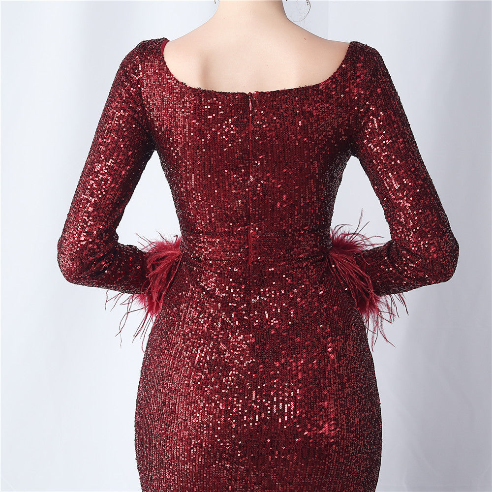 Ostrich Fur Long Sleeve Formal Dress