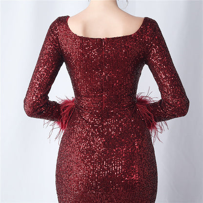 Ostrich Fur Long Sleeve Formal Dress