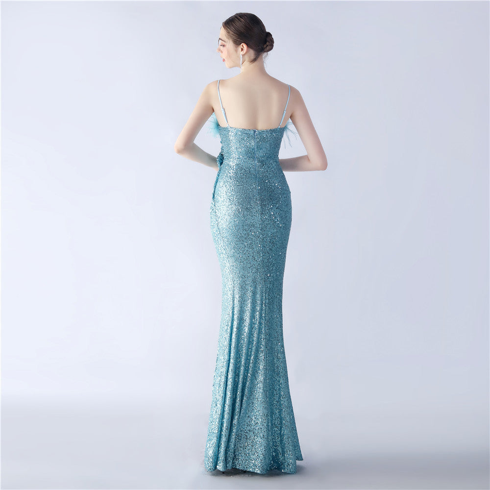 Fur Crafted Flower Formal Dress