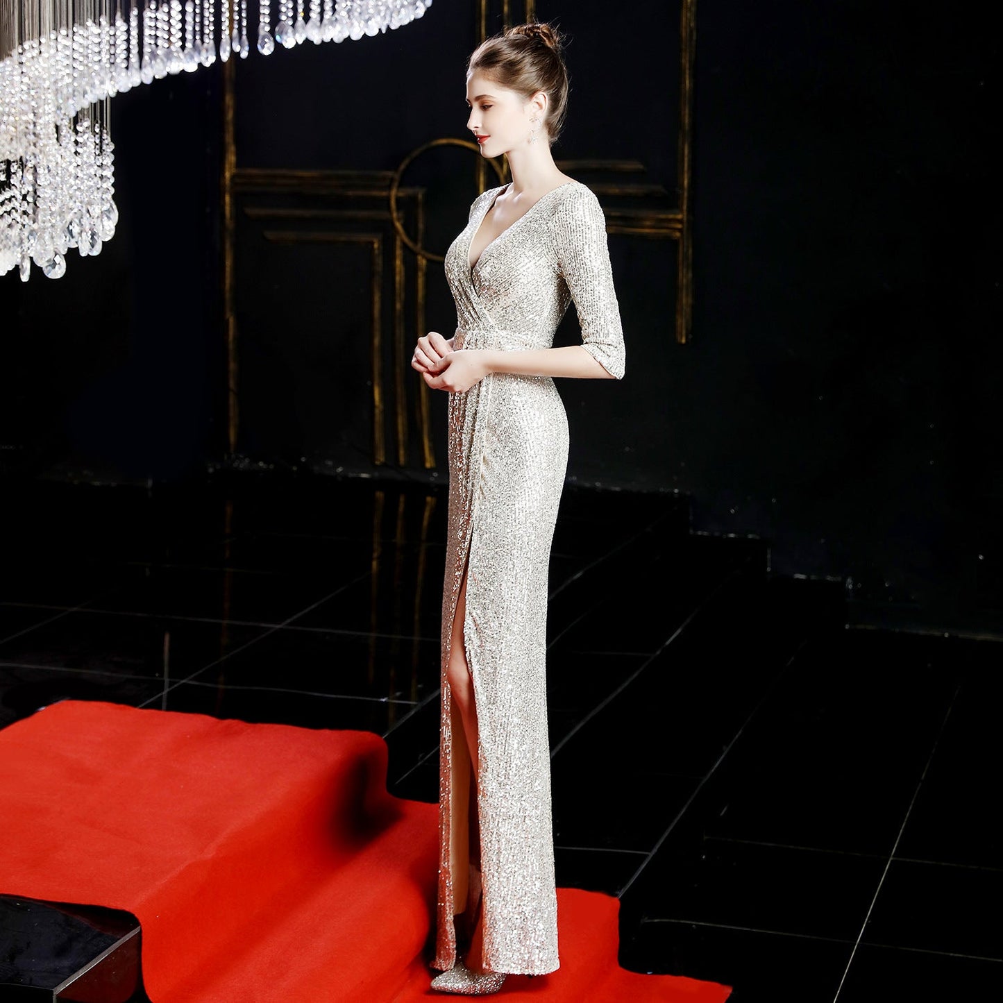 Long Sleeve Sequin Fishtail Formal Dress