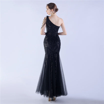 Beaded and Ostrich Fur Sequined Formal Dress