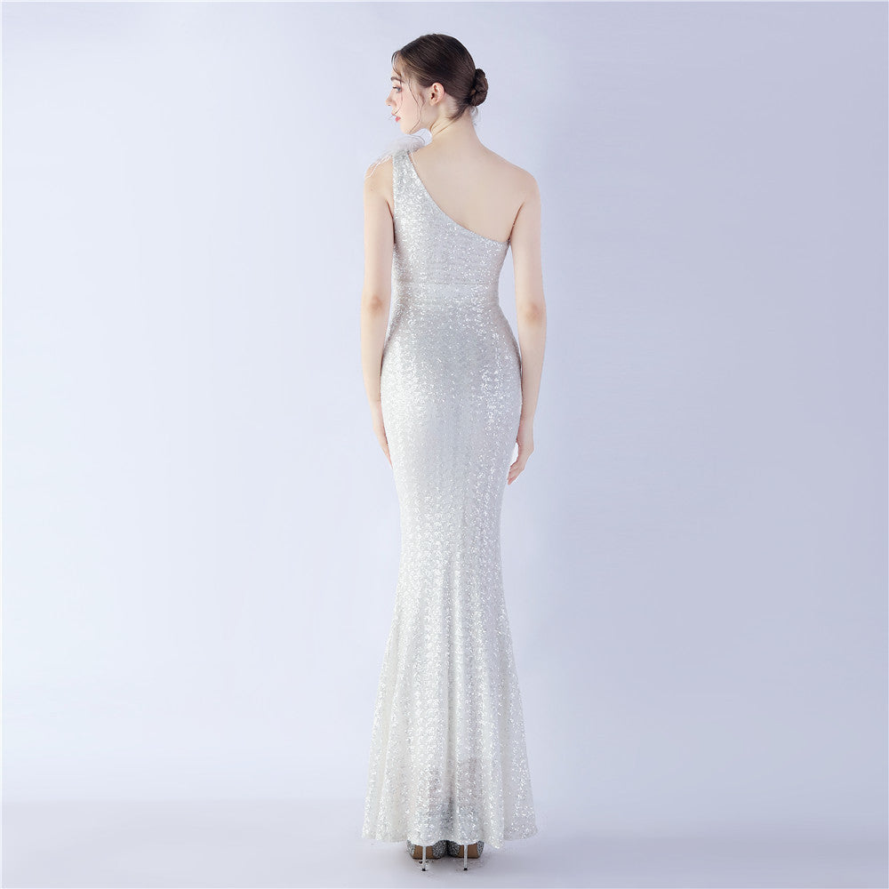 Ostrich Fur One-Shoulder Slant Neck Beaded Maxi Formal Dress