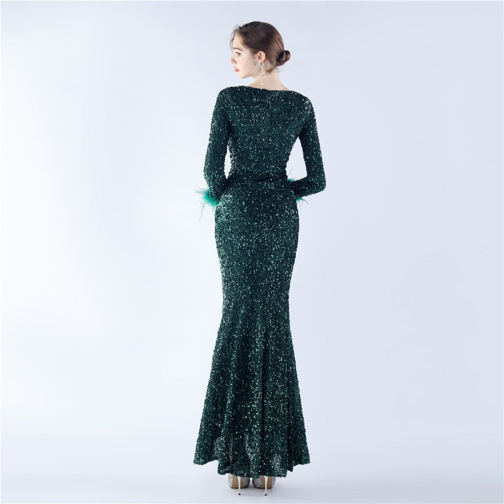 Ostrich Fur Long Sleeve Formal Dress