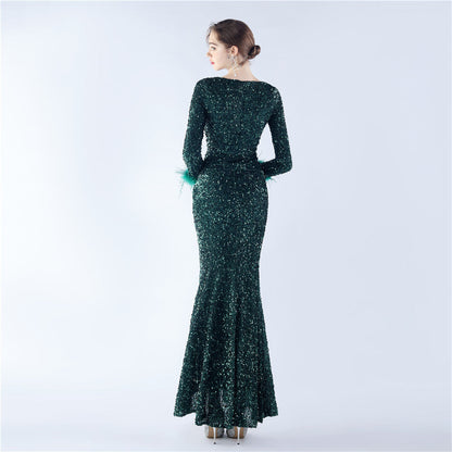 Ostrich Fur Long Sleeve Formal Dress