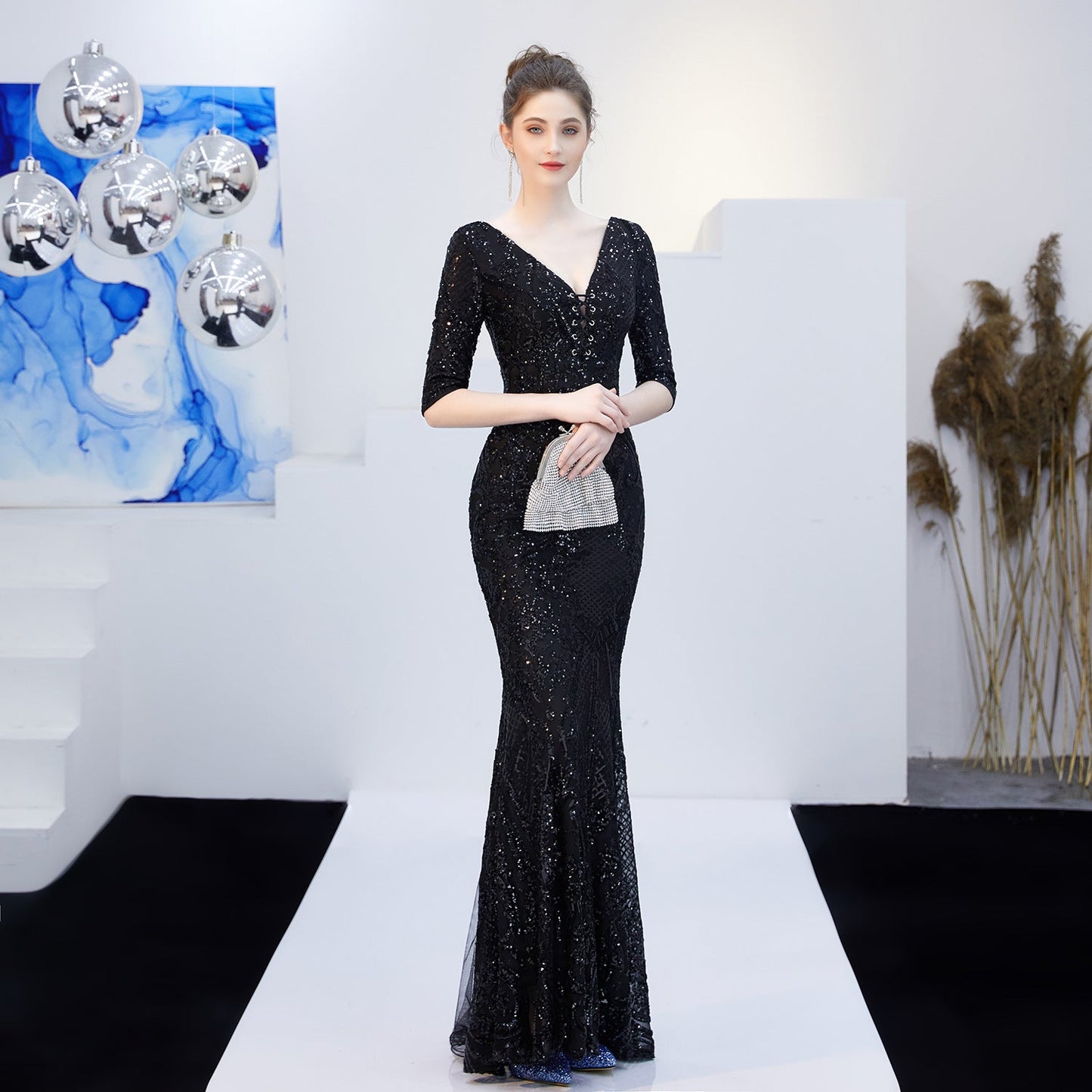 Neck Sequin Formal Dress
