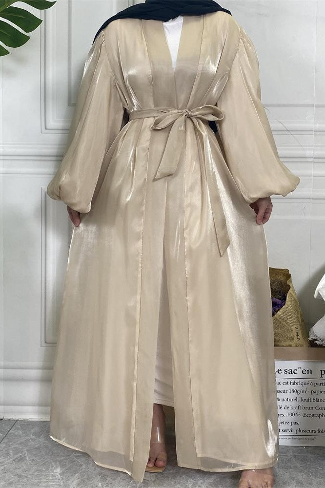 Shiny Silk Balloon Sleeves Lined Cardigan